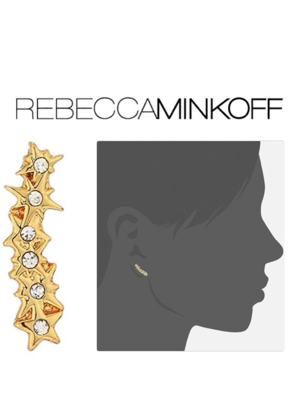 NWT [Rebecca Minkoff] Stargazing Gold Star Ear Crawler Climbers Studs w Crystals - Picture 3 of 10